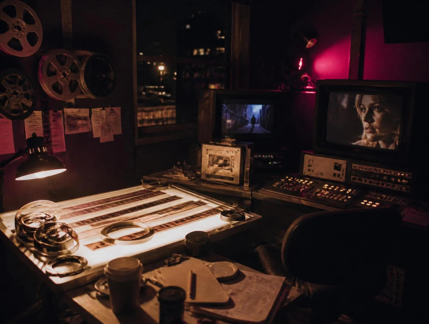 Film strips on an editing light table beside glowing monitors in an editing suite